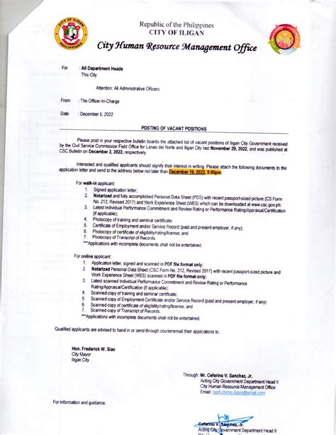 Notice of Job Vacancy: City Government of Iligan Job .